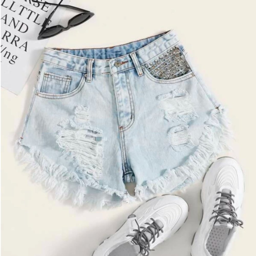 Large Distressed Denim Jean Shorts with Studs
